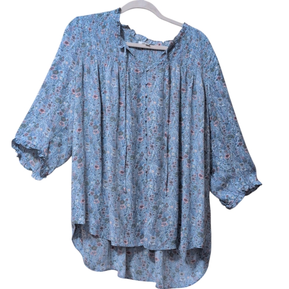 Rose + Olive blue floral blouse 3/4 balloon sleeves, v-neckline smocking size 2X